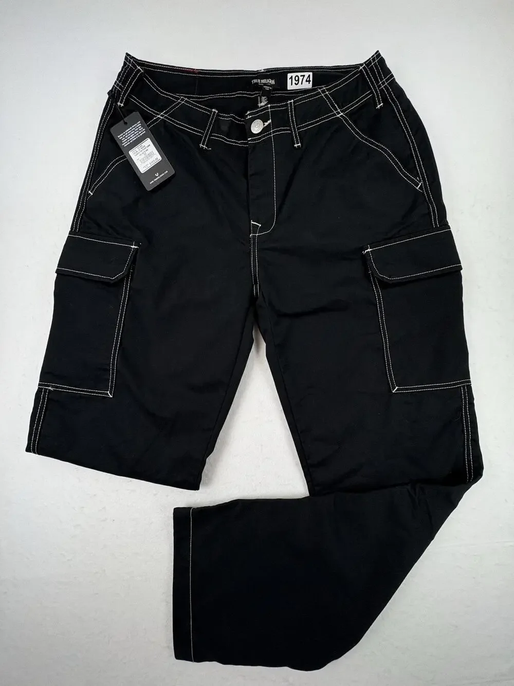 True Religion Cargo Pants Mens 32x31 Black Canvas Embroidered Logo Streetwear